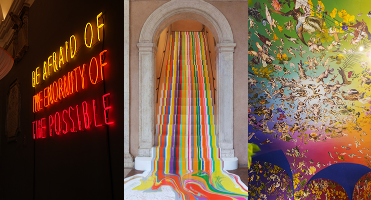 **OUTSIDE EXHIBITION: Permanent collection at Chiostro del Bramante featuring works by renowned artists like Davenport, Jaar, Pistoletto, and Fallen Fruit.**